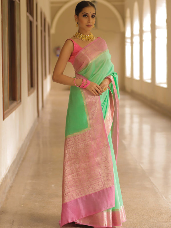 Banarasee Handloom Pure Chiniya Silk Saree With Zari Work & Contrast Border-Sea Green & Pink