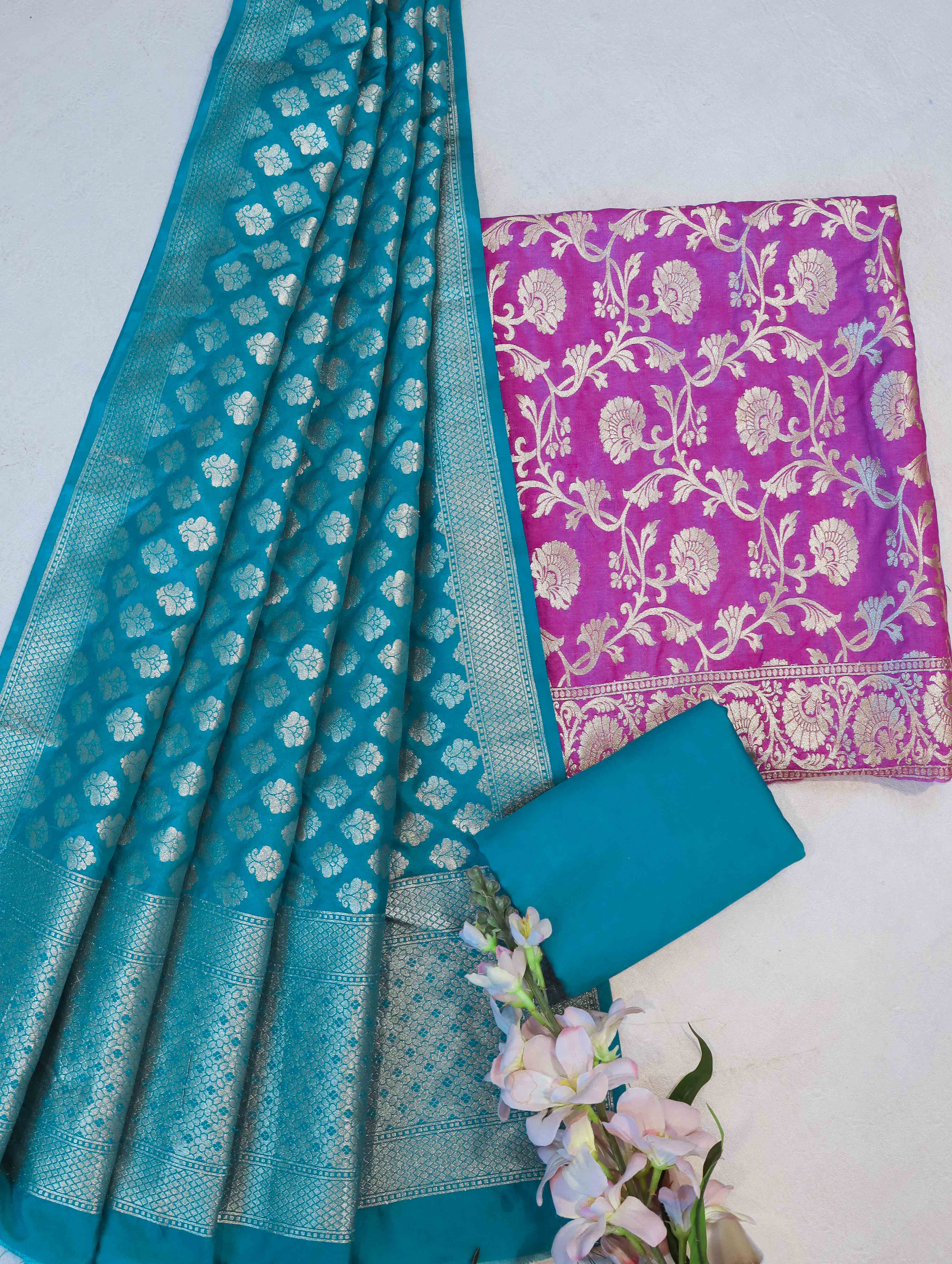Banarasee Semi-Silk Zari Jaal Work Salwar Kameez Fabric With Contrast Dupatta Set-Onion Pink & Teal Green