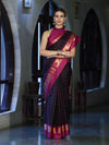 Banarasee Handloom Semi Silk Saree With Checks Pattern & Contrast Border-Black & Magenta