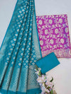 Banarasee Semi-Silk Zari Jaal Work Salwar Kameez Fabric With Contrast Dupatta Set-Onion Pink & Teal Green