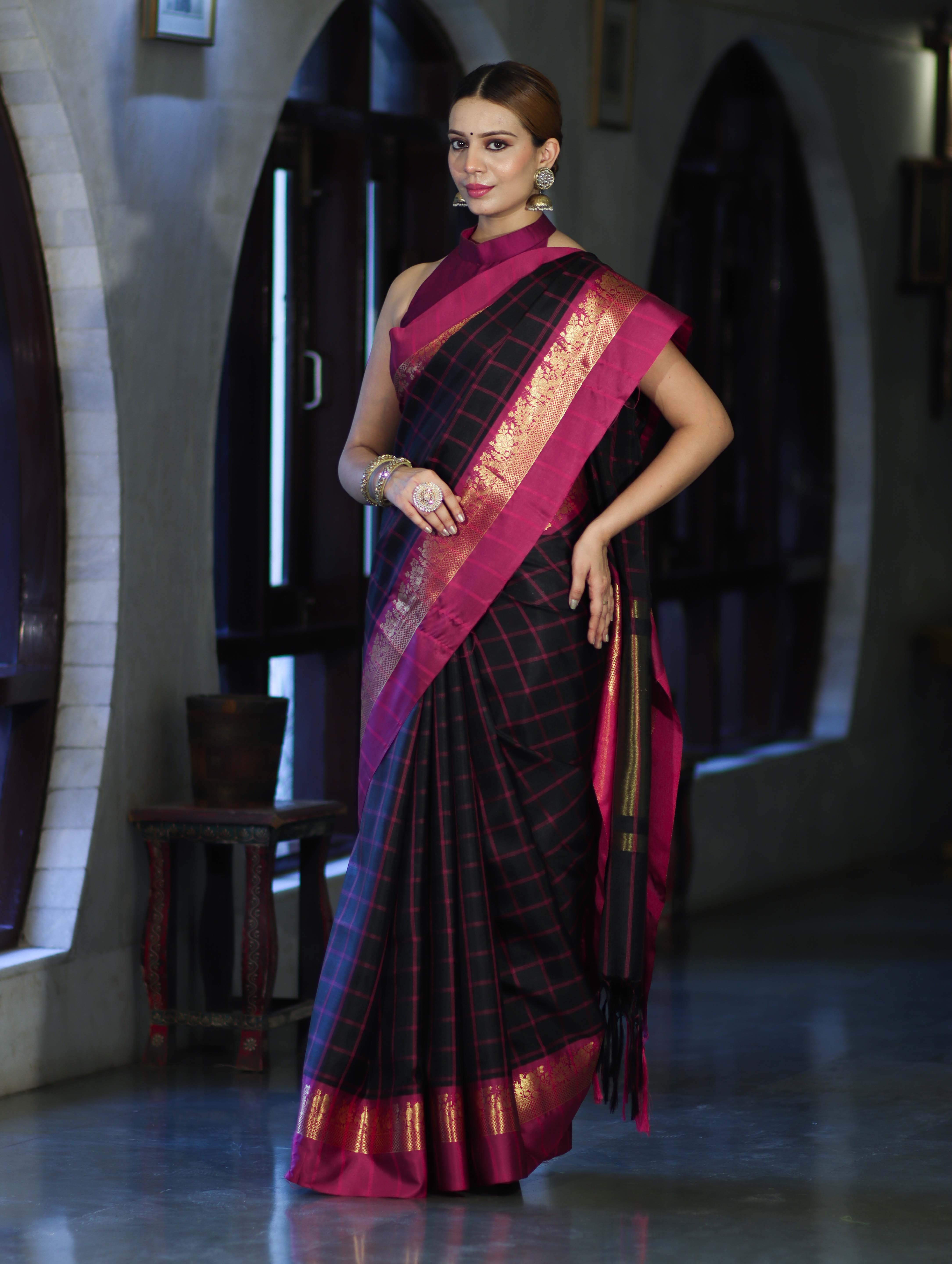 Banarasee Handloom Semi Silk Saree With Checks Pattern & Contrast Border-Black & Magenta