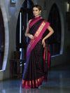 Banarasee Handloom Semi Silk Saree With Checks Pattern & Contrast Border-Black & Magenta