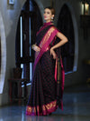 Banarasee Handloom Semi Silk Saree With Checks Pattern & Contrast Border-Black & Magenta