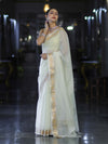 Banarasee Cotton Silk Plain Saree With Floral Zari Border-Cream