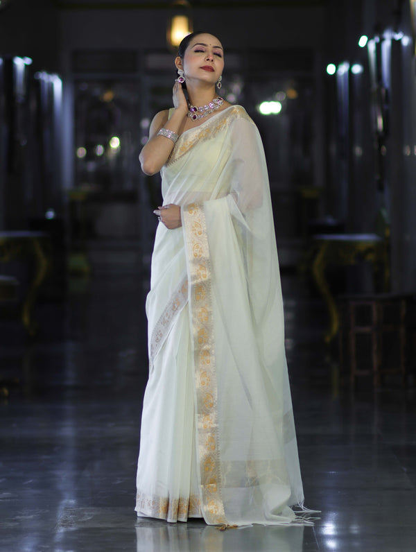 Banarasee Cotton Silk Plain Saree With Floral Zari Border-Cream