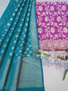 Banarasee Semi-Silk Zari Jaal Work Salwar Kameez Fabric With Contrast Dupatta Set-Onion Pink & Teal Green