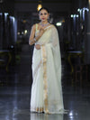 Banarasee Cotton Silk Plain Saree With Floral Zari Border-Cream