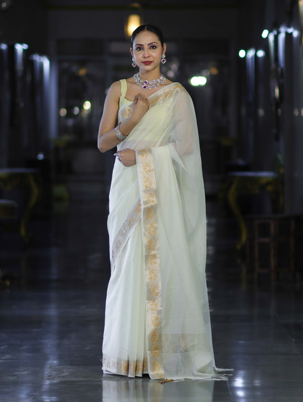 Banarasee Cotton Silk Plain Saree With Floral Zari Border-Cream