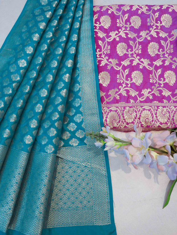 Banarasee Semi-Silk Zari Jaal Work Salwar Kameez Fabric With Contrast Dupatta Set-Onion Pink & Teal Green
