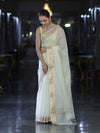 Banarasee Cotton Silk Plain Saree With Floral Zari Border-Cream