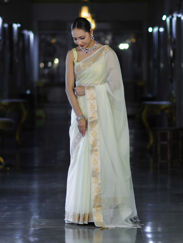 Banarasee Cotton Silk Plain Saree With Floral Zari Border-Cream