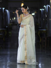Banarasee Cotton Silk Plain Saree With Floral Zari Border-Cream