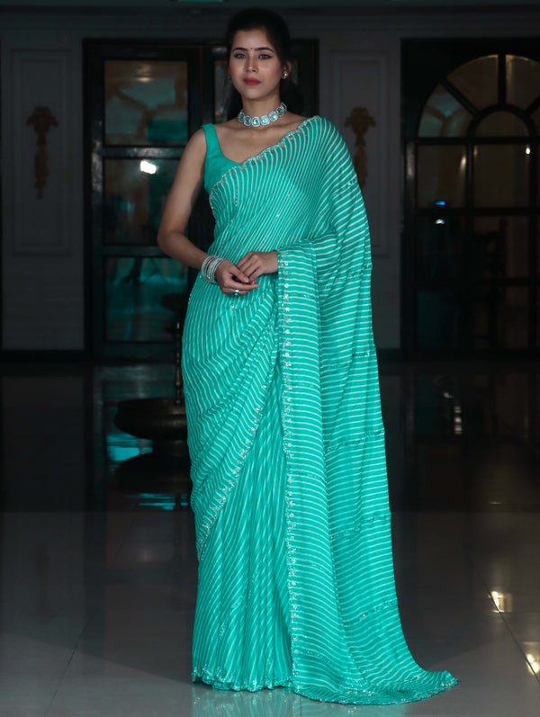 Banarasee Chiffon Saree With Leheriya Design & Katdana Border-Sea Green