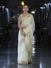Banarasee Cotton Silk Plain Saree With Floral Zari Border-Cream