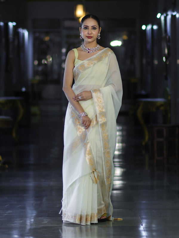 Banarasee Cotton Silk Plain Saree With Floral Zari Border-Cream