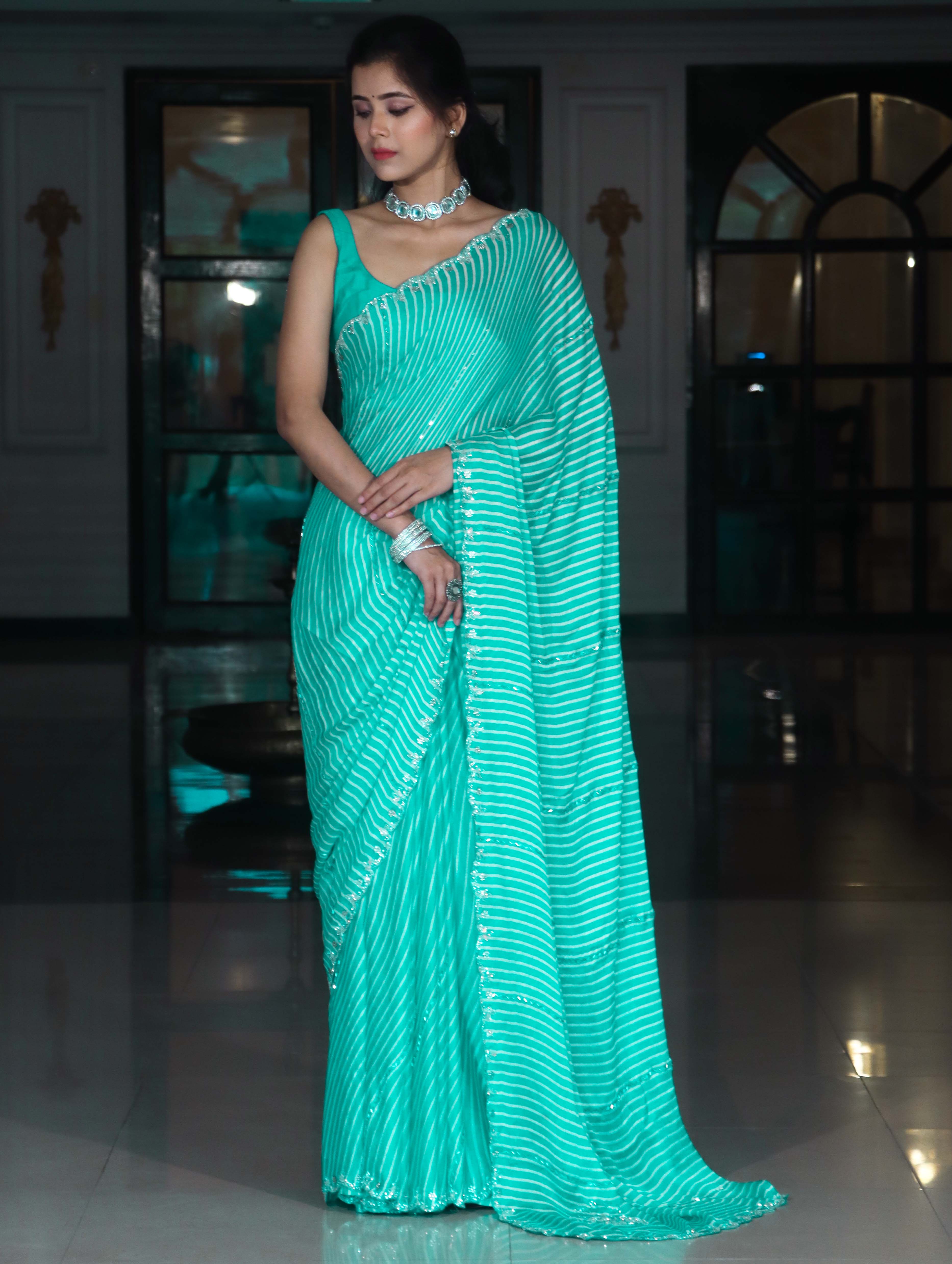 Banarasee Chiffon Saree With Leheriya Design & Katdana Border-Sea Green