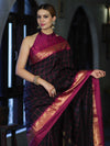 Banarasee Handloom Semi Silk Saree With Checks Pattern & Contrast Border-Black & Magenta