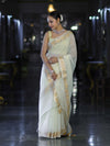 Banarasee Cotton Silk Plain Saree With Floral Zari Border-Cream