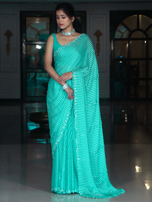 Banarasee Chiffon Saree With Leheriya Design & Katdana Border-Sea Green