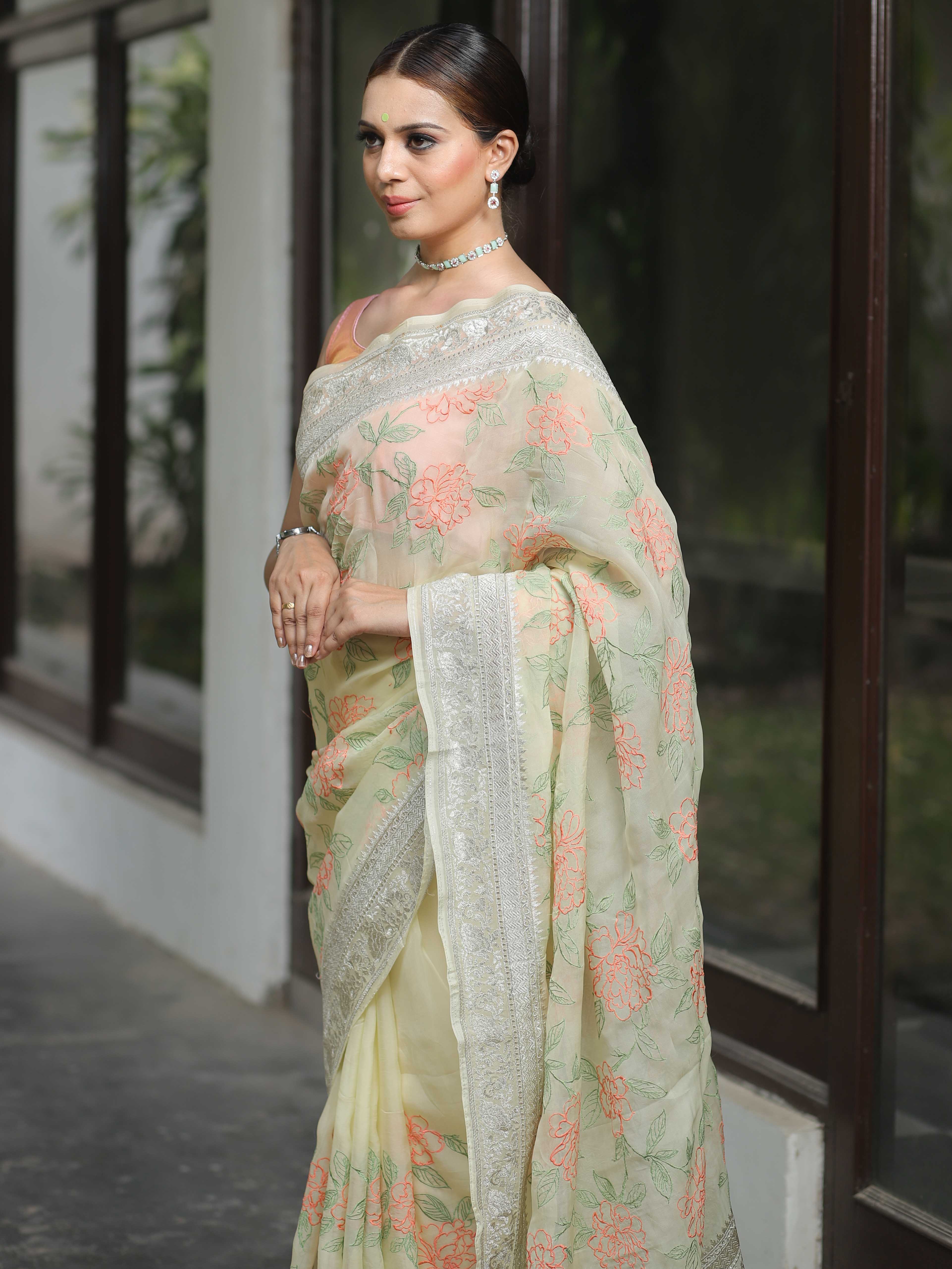 Banarasee Pure Georgette Saree With Embroidery Work-Yellow