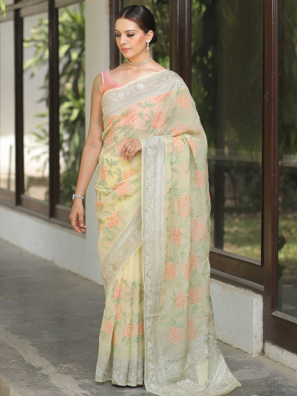 Banarasee Pure Georgette Saree With Embroidery Work-Yellow