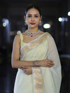 Banarasee Cotton Silk Plain Saree With Floral Zari Border-Cream
