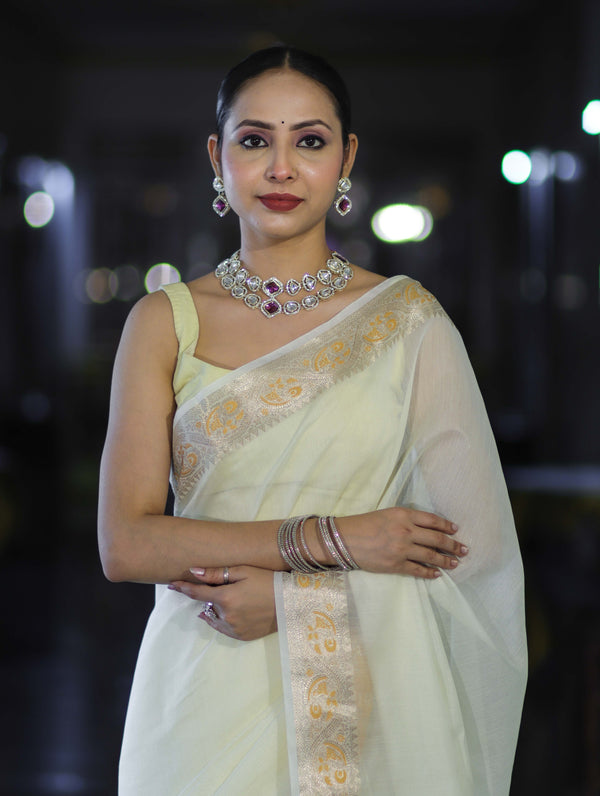 Banarasee Cotton Silk Plain Saree With Floral Zari Border-Cream
