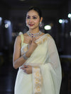 Banarasee Cotton Silk Plain Saree With Floral Zari Border-Cream