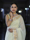 Banarasee Cotton Silk Plain Saree With Floral Zari Border-Cream