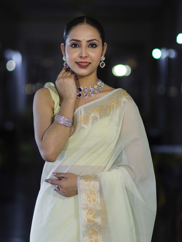 Banarasee Cotton Silk Plain Saree With Floral Zari Border-Cream