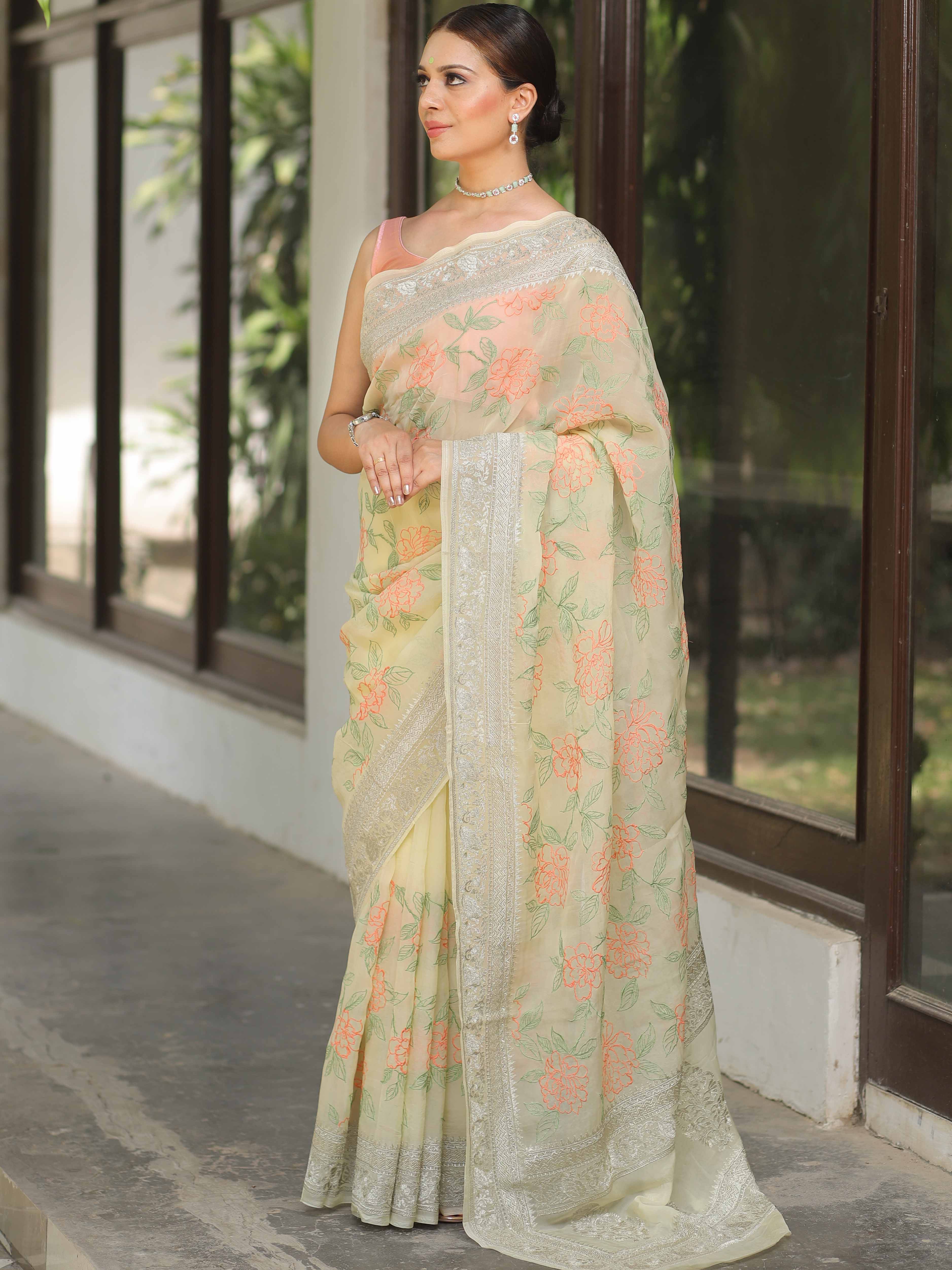 Banarasee Pure Georgette Saree With Embroidery Work-Yellow