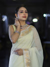 Banarasee Cotton Silk Plain Saree With Floral Zari Border-Cream