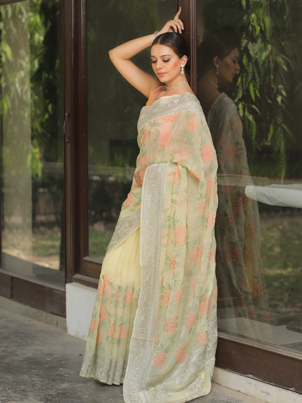 Banarasee Pure Georgette Saree With Embroidery Work-Yellow