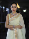 Banarasee Cotton Silk Plain Saree With Floral Zari Border-Cream