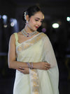 Banarasee Cotton Silk Plain Saree With Floral Zari Border-Cream
