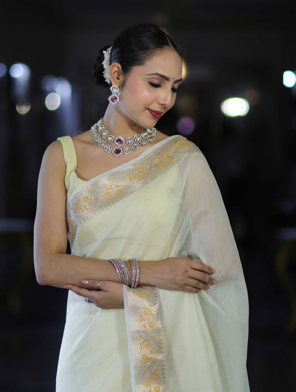 Banarasee Cotton Silk Plain Saree With Floral Zari Border-Cream