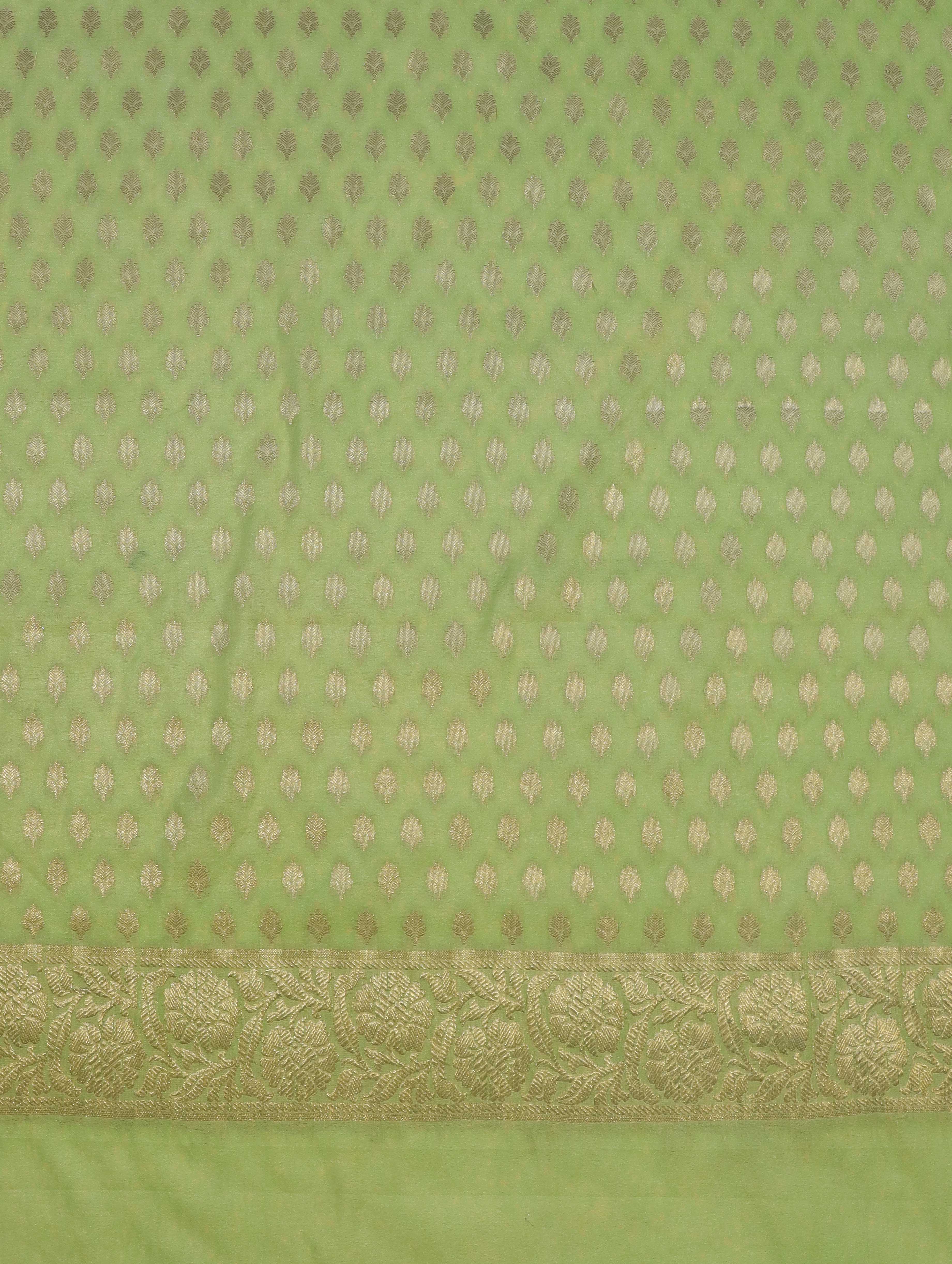 Banarasee Semi-Silk Zari Buti Work Salwar Kameez Fabric With Contrast Dupatta Set-Lime Green & Orange