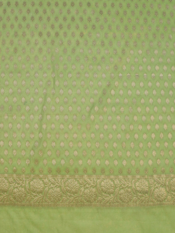 Banarasee Semi-Silk Zari Buti Work Salwar Kameez Fabric With Contrast Dupatta Set-Lime Green & Orange