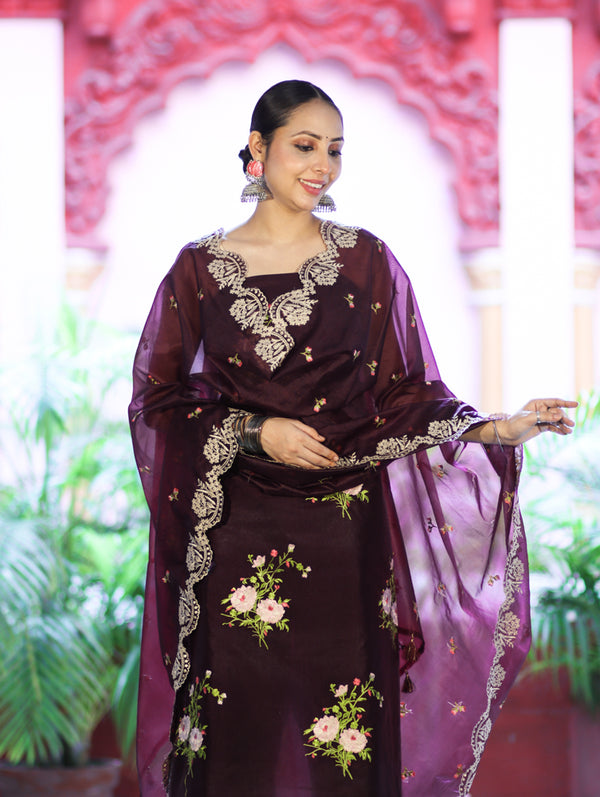 Banarasee Resham Embroidered Chanderi Salwar Kameez With Organza Dupatta Set-Wine