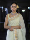 Banarasee Cotton Silk Plain Saree With Floral Zari Border-Cream