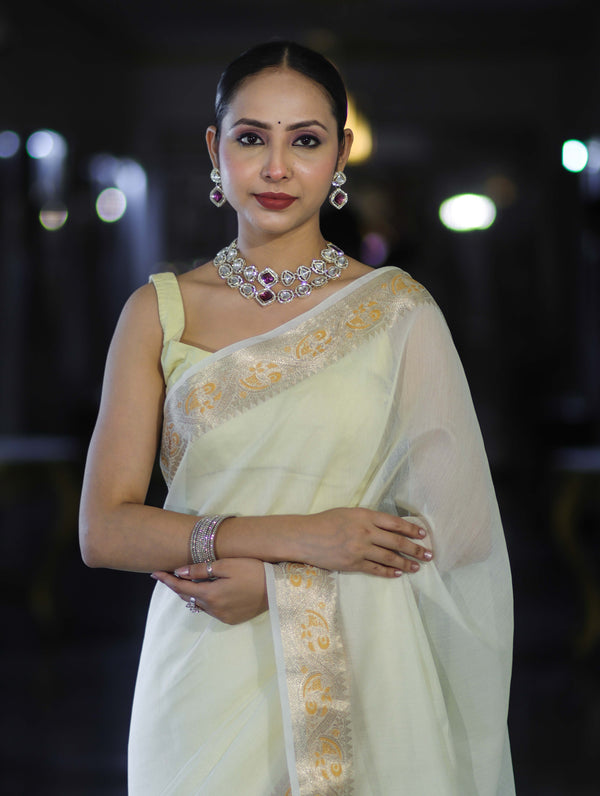 Banarasee Cotton Silk Plain Saree With Floral Zari Border-Cream