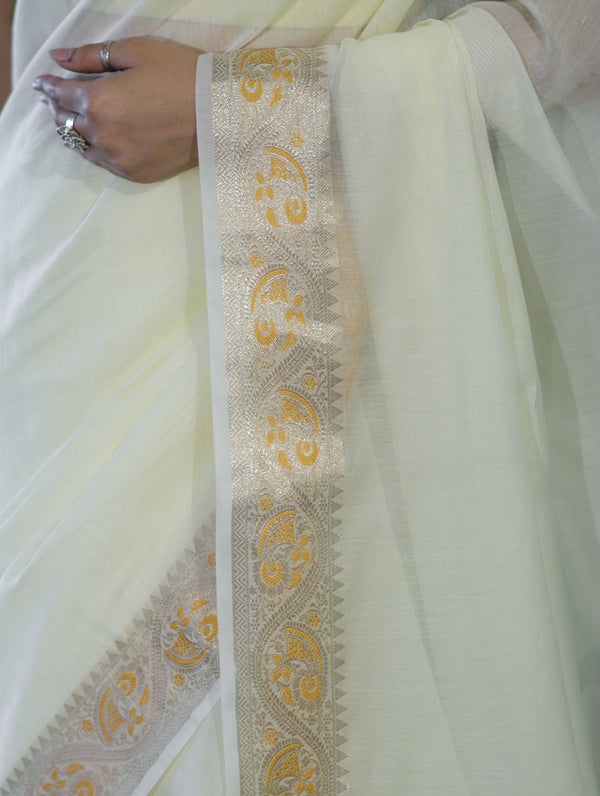 Banarasee Cotton Silk Plain Saree With Floral Zari Border-Cream