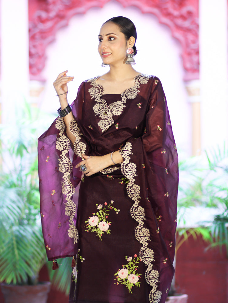 Banarasee Resham Embroidered Chanderi Salwar Kameez With Organza Dupatta Set-Wine