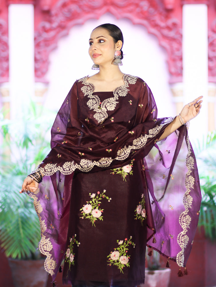 Banarasee Resham Embroidered Chanderi Salwar Kameez With Organza Dupatta Set-Wine