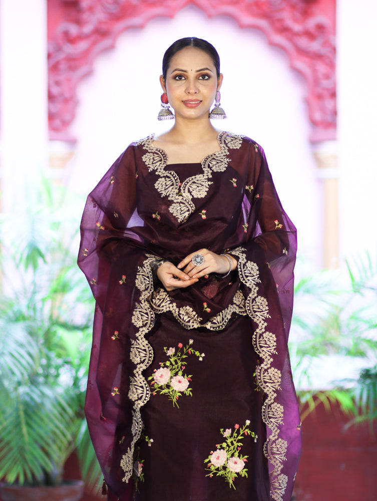 Banarasee Resham Embroidered Chanderi Salwar Kameez With Organza Dupatta Set-Wine