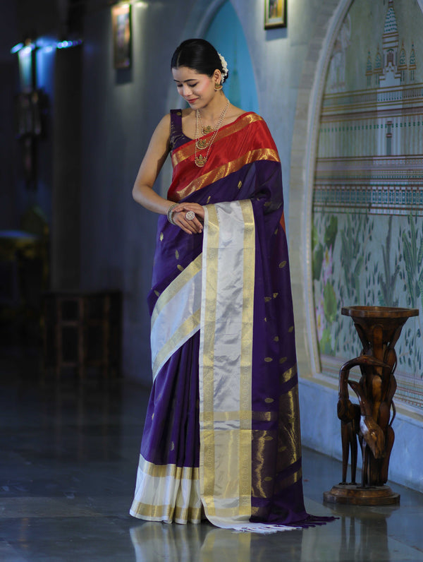 Banarasee Handloom Semi Silk Saree With Zari Buti Design & Contrast Border-Purple & White