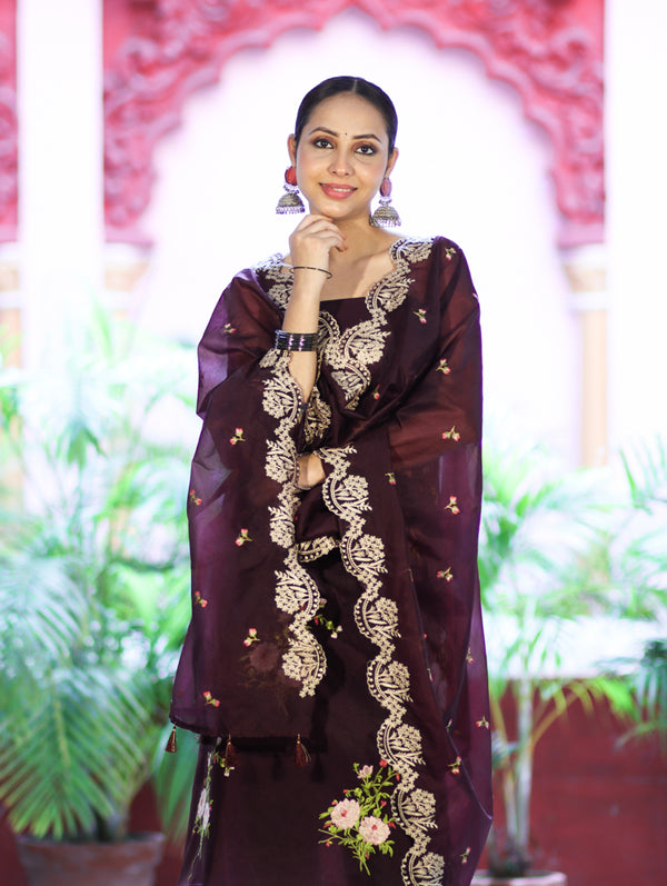Banarasee Resham Embroidered Chanderi Salwar Kameez With Organza Dupatta Set-Wine