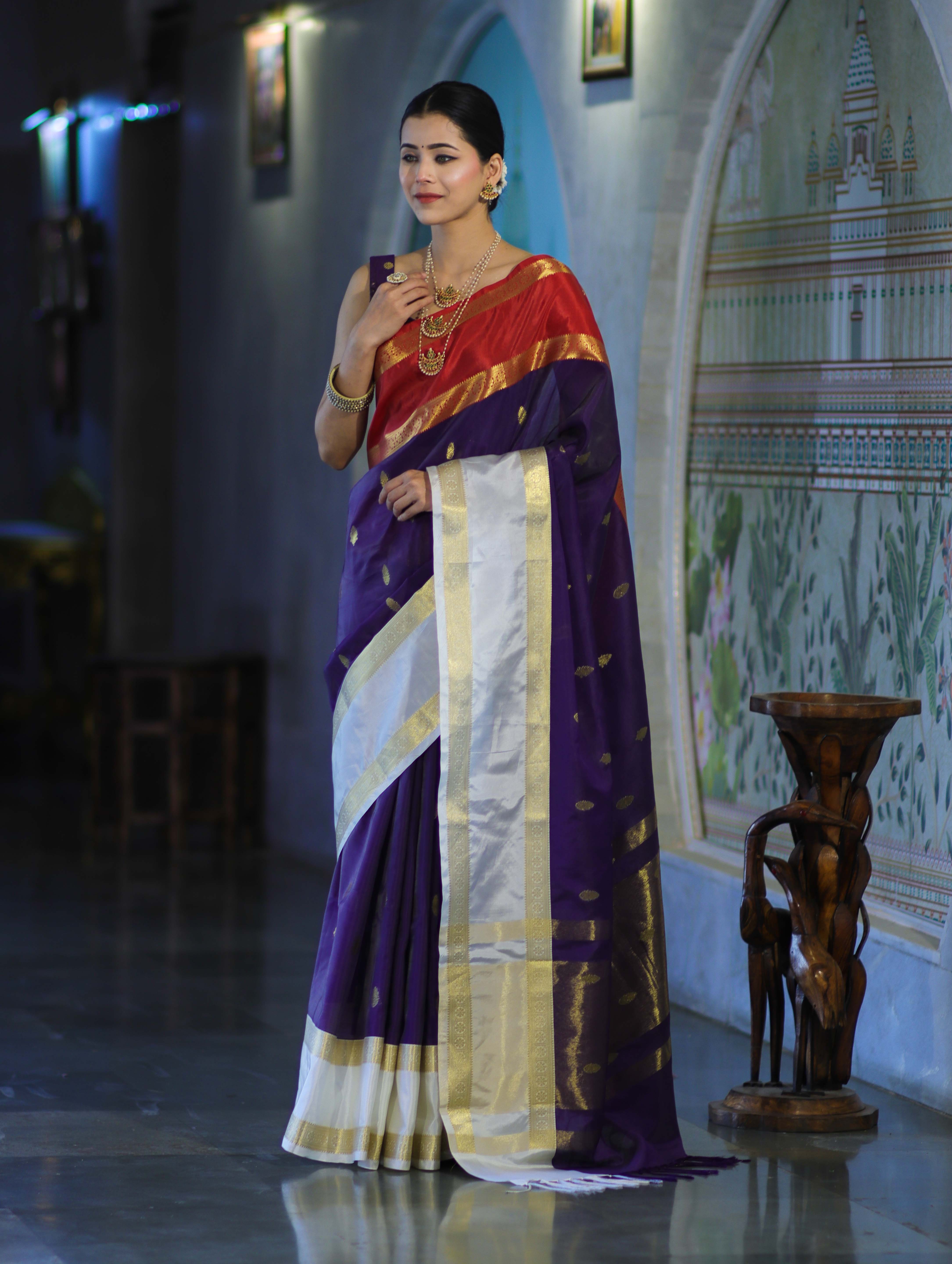 Banarasee Handloom Semi Silk Saree With Zari Buti Design & Contrast Border-Purple & White