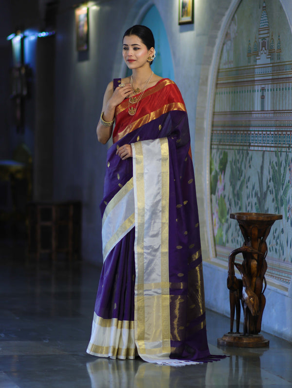 Banarasee Handloom Semi Silk Saree With Zari Buti Design & Contrast Border-Purple & White