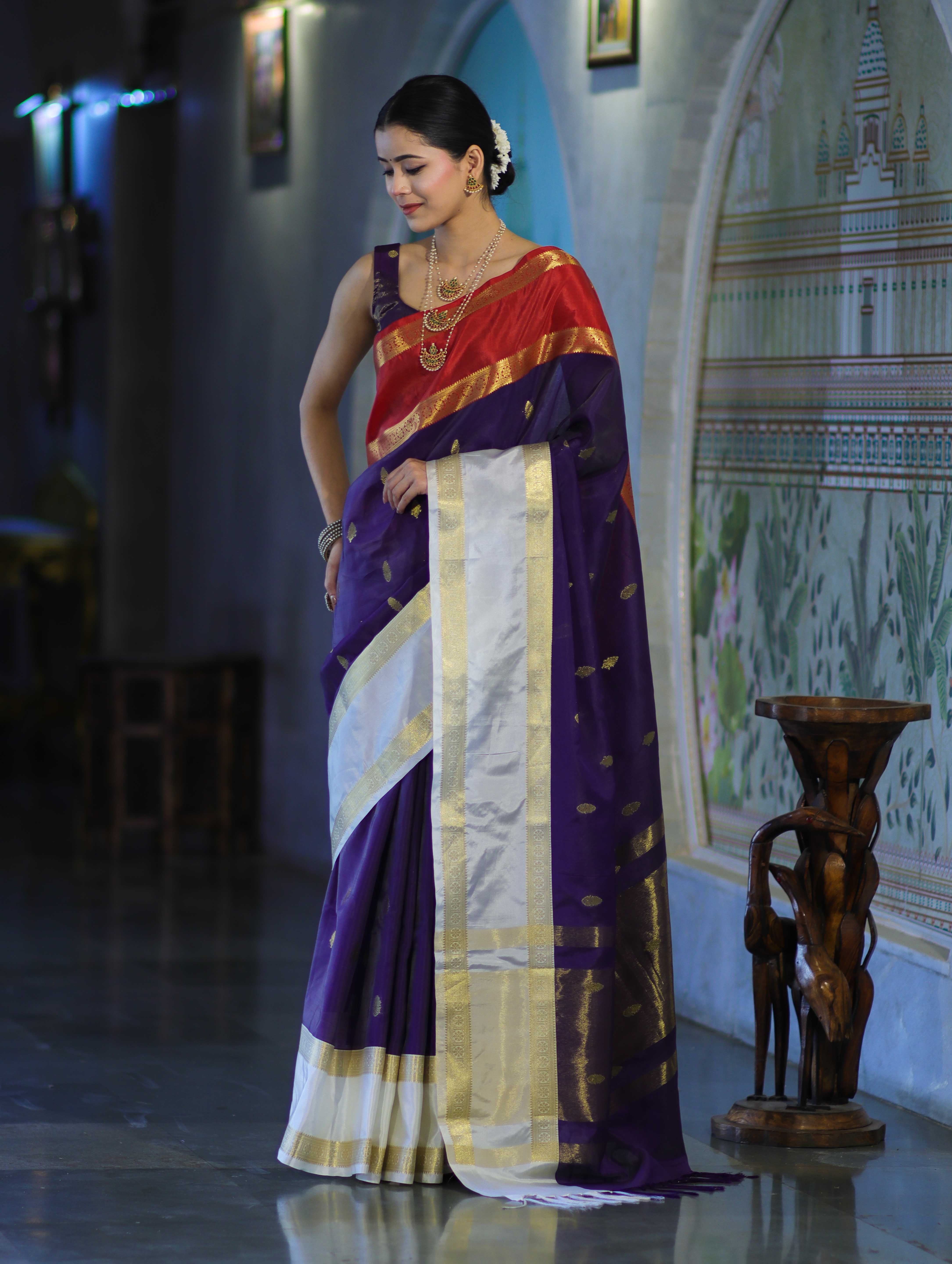 Banarasee Handloom Semi Silk Saree With Zari Buti Design & Contrast Border-Purple & White